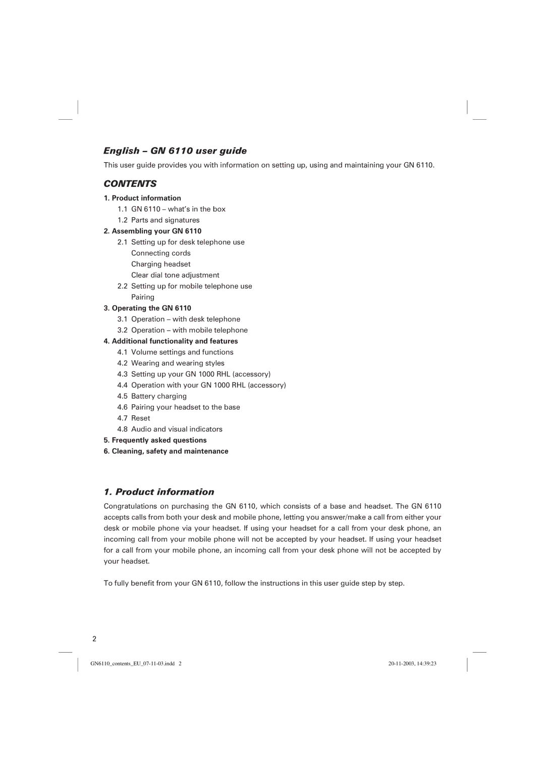 GN Netcom GN 6110 manual Contents 