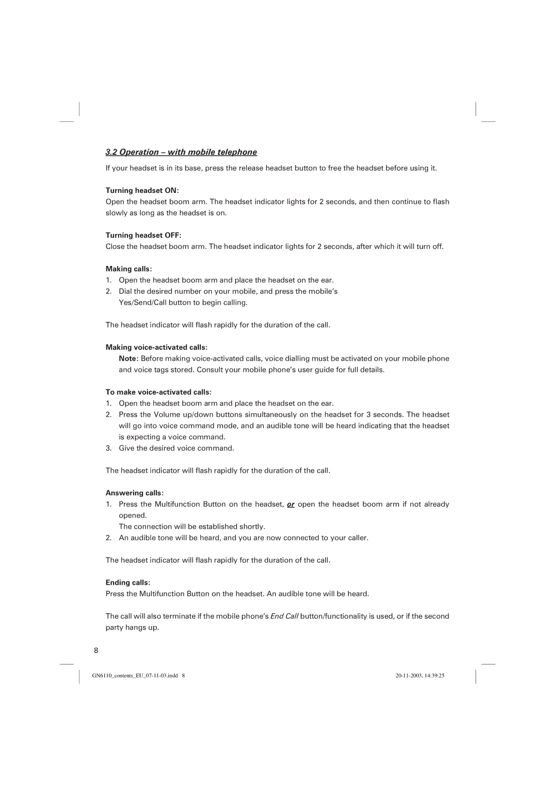 GN Netcom GN 6110 manual Operation with mobile telephone, Making voice-activated calls To make voice-activated calls 