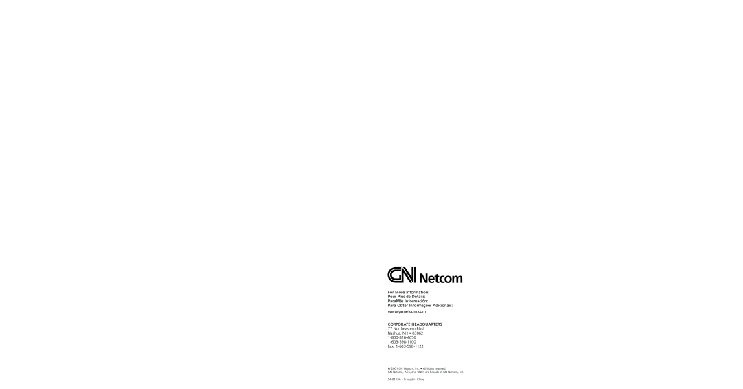 GN Netcom GN 8000-MPA, GN 8010-MPA, GN 8020-MPA manual CORPORATE HEADQUARTERS 77 Northeastern Blvd 
