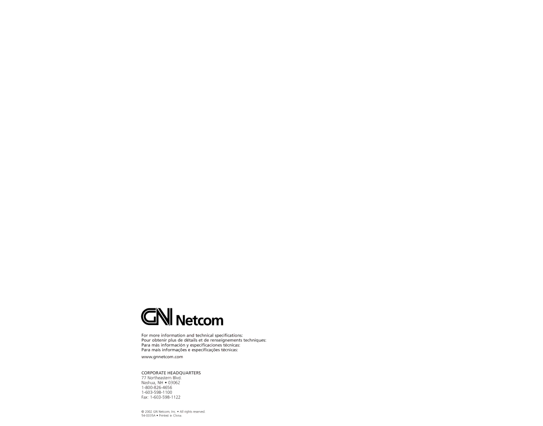 GN Netcom GN 8110 technical specifications Corporate Headquarters 