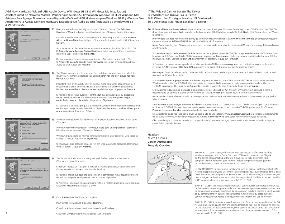 GN Netcom GN 8110 technical specifications Windows Me, Headsets Micro Casques Cascos Auriculares Fone de Ouvidos 