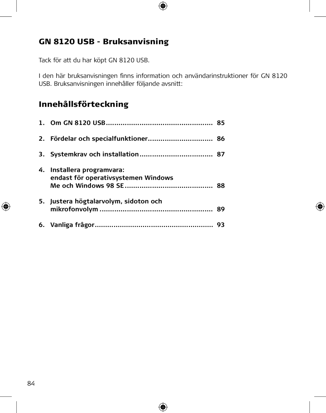 GN Netcom manual GN 8120 USB Bruksanvisning, Innehållsförteckning 