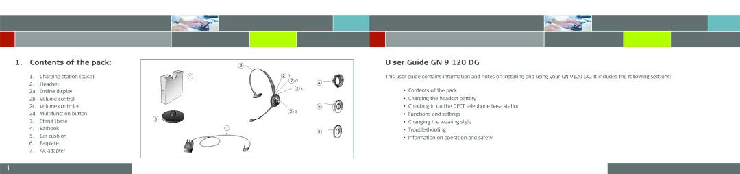 GN Netcom manual Contents of the pack, User Guide GN 9120 DG 