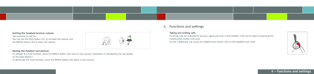 GN Netcom GN 9120 DG manual Functions and settings, Setting the headset/receiver volume, Muting the headset microphone 