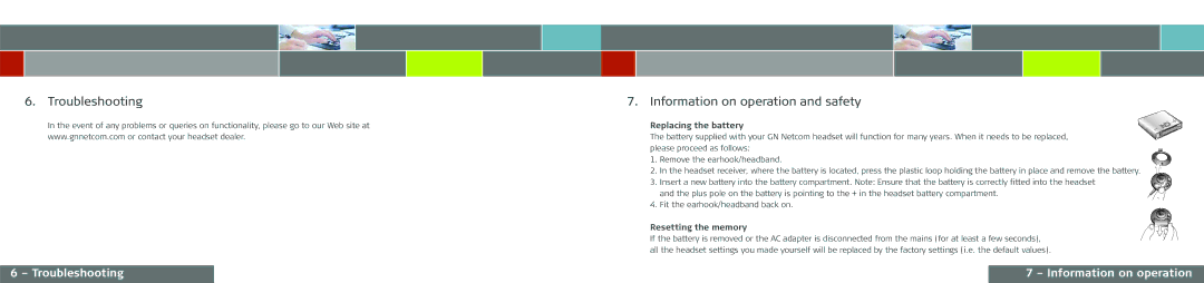 GN Netcom GN 9120 DG Troubleshooting Information on operation and safety, Replacing the battery, Resetting the memory 