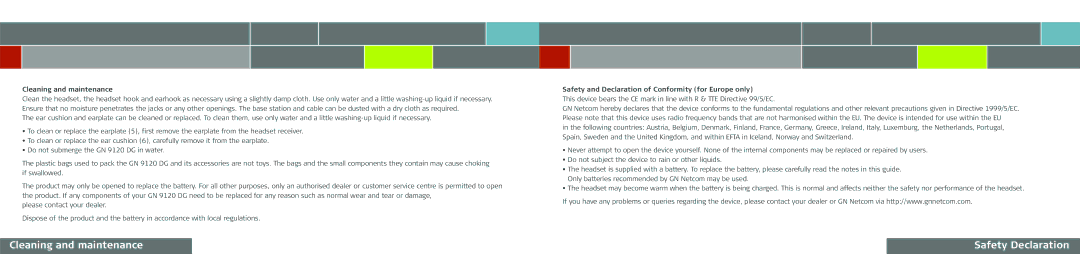 GN Netcom GN 9120 DG manual Cleaning and maintenance Safety Declaration 