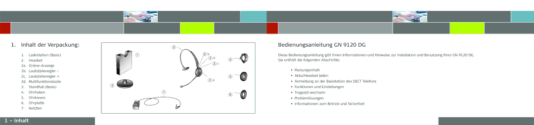 GN Netcom manual Inhalt der Verpackung, Bedienungsanleitung GN 9120 DG 