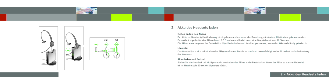 GN Netcom GN 9120 DG manual Akku des Headsets laden, Erstes Laden des Akkus, Hinweis, Akku laden und Betrieb 