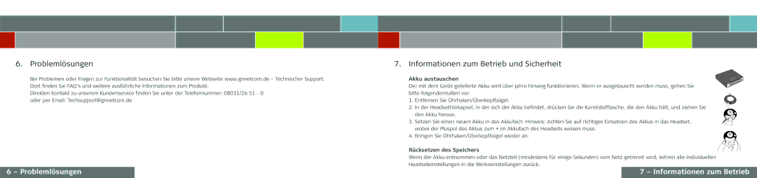 GN Netcom GN 9120 DG manual Informationen zum Betrieb und Sicherheit, Problemlösungen Informationen zum Betrieb 