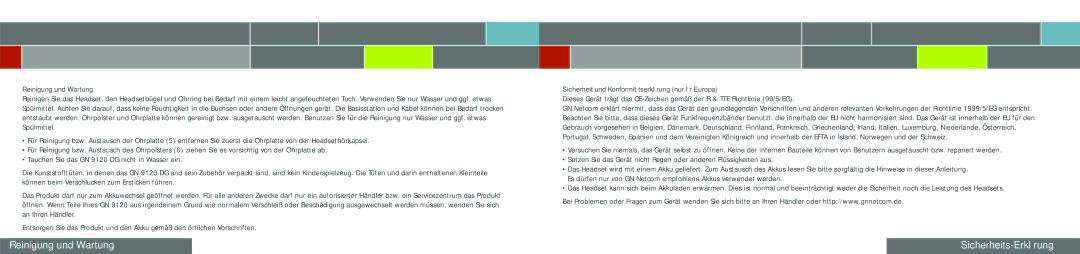 GN Netcom GN 9120 DG manual Reinigung und Wartung Sicherheits-Erklärung 