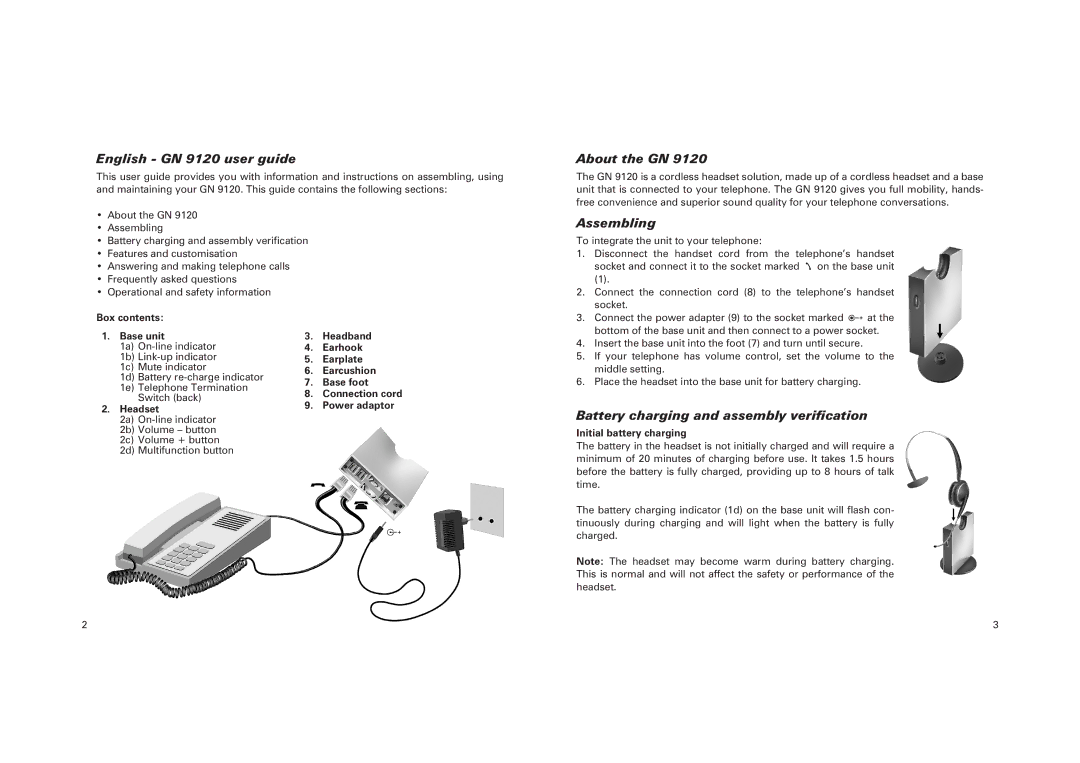 GN Netcom manual English GN 9120 user guide, About the GN, Assembling, Battery charging and assembly veriﬁcation 