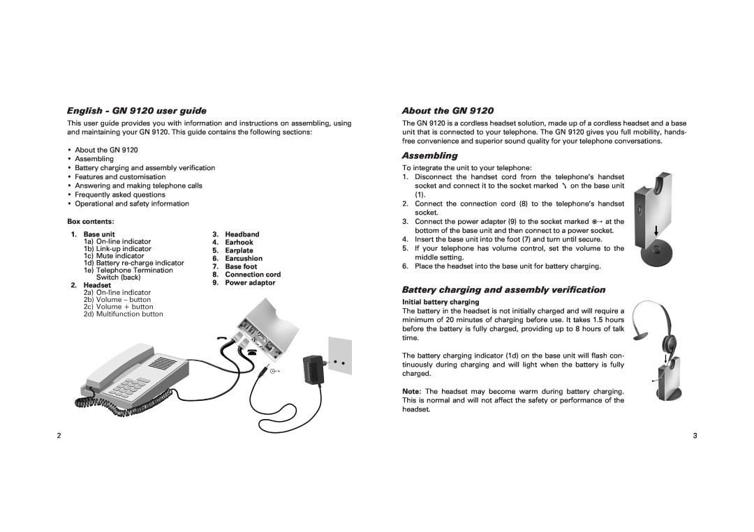 GN Netcom manual English - GN 9120 user guide, About the GN, Assembling, Battery charging and assembly veriﬁcation 