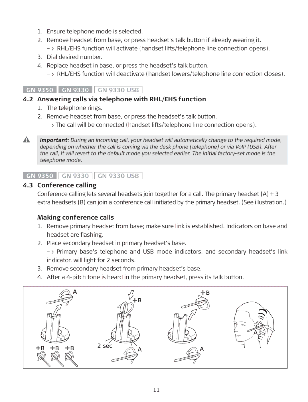 GN Netcom GN 9330, GN9350 Answering calls via telephone with RHL/EHS function, Conference calling, Making conference calls 