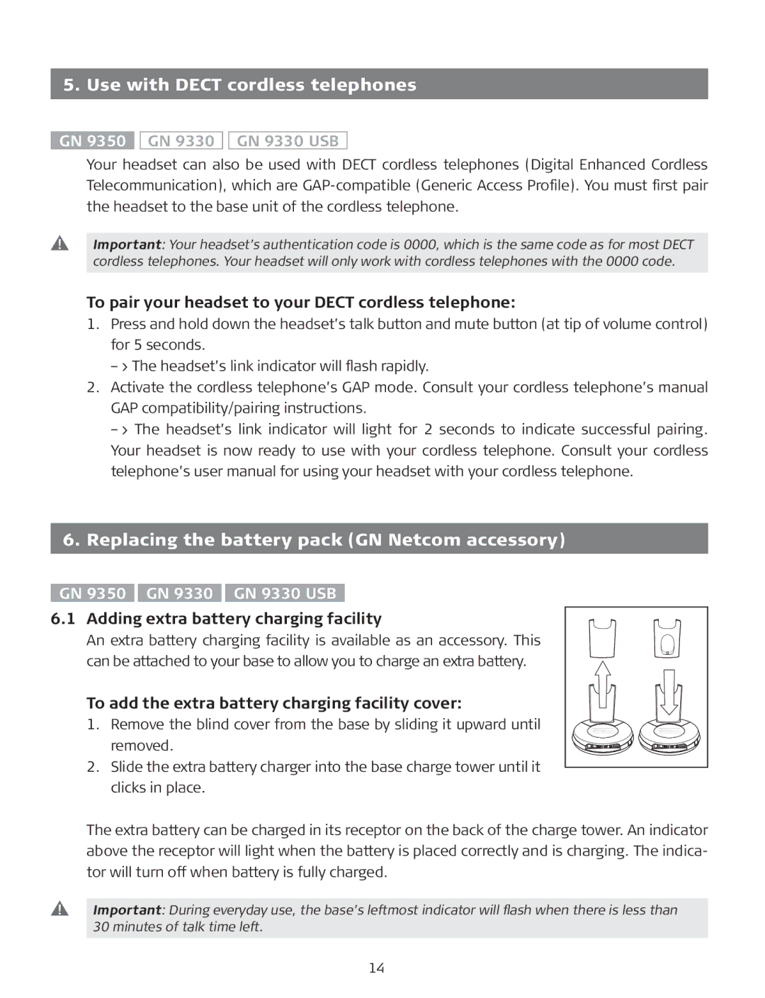 GN Netcom GN9350, GN 9330 manual Use with Dect cordless telephones, Replacing the battery pack GN Netcom accessory 