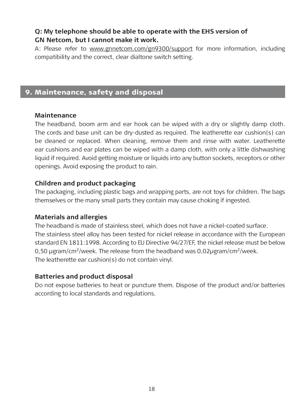 GN Netcom GN9350, GN 9330 manual Maintenance, safety and disposal, Children and product packaging, Materials and allergies 