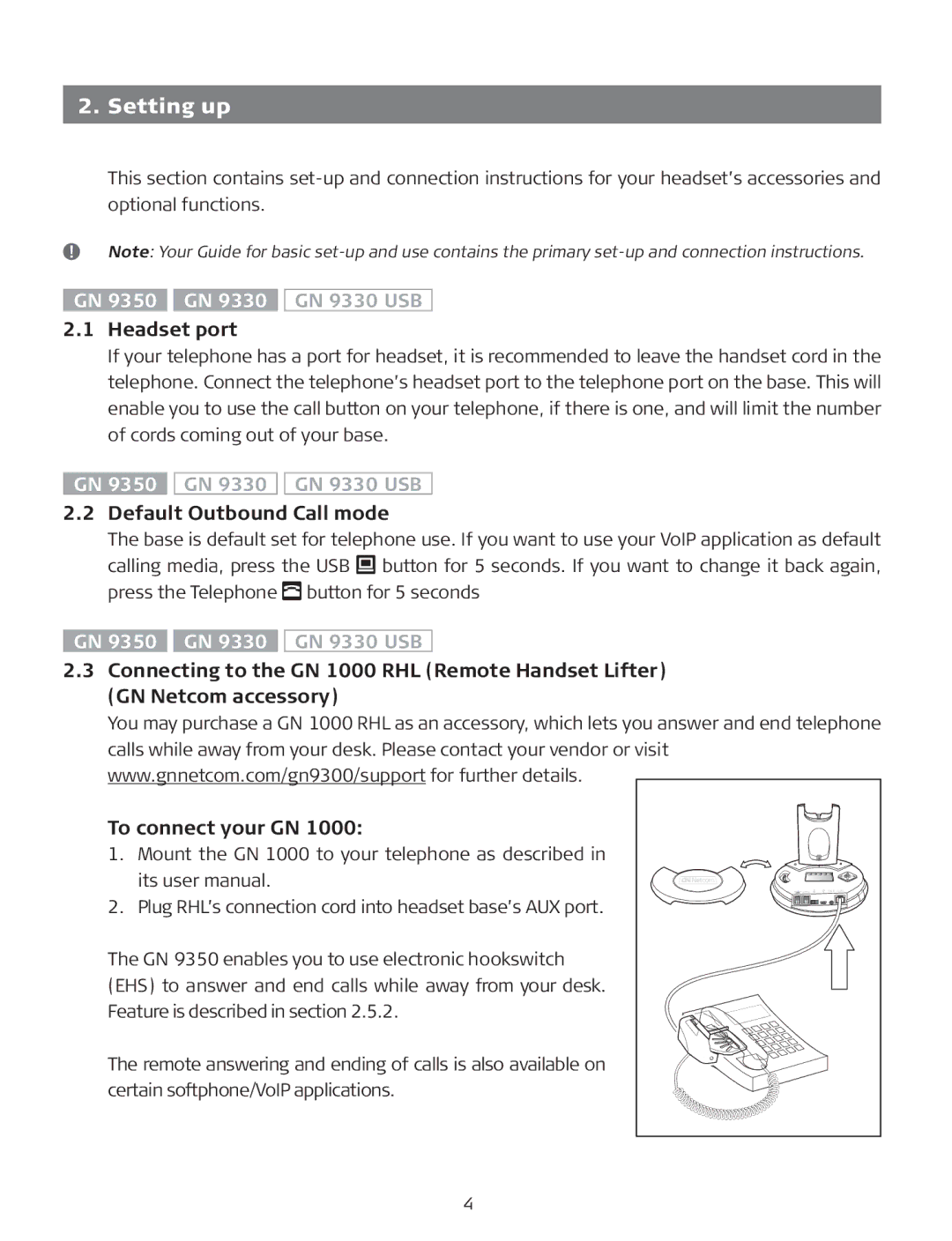 GN Netcom GN9350, GN 9330 manual Setting up, Headset port, Default Outbound Call mode 