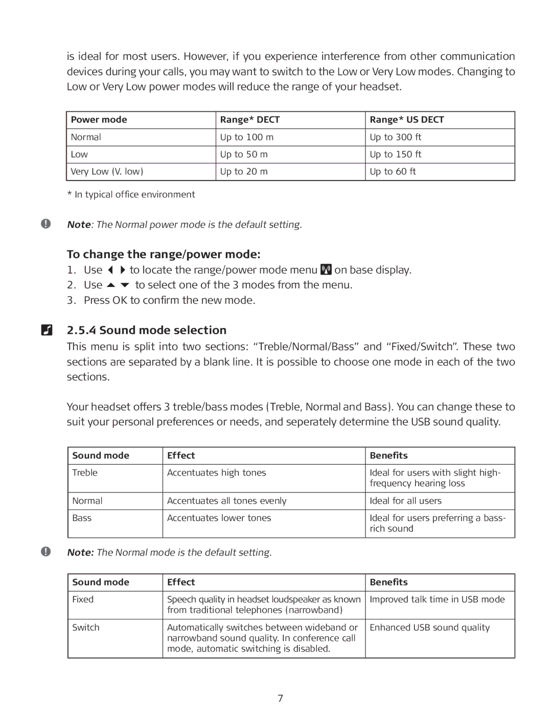 GN Netcom GN 9330, GN9350 manual To change the range/power mode, Sound mode selection, Power mode Range* Dect Range* US Dect 