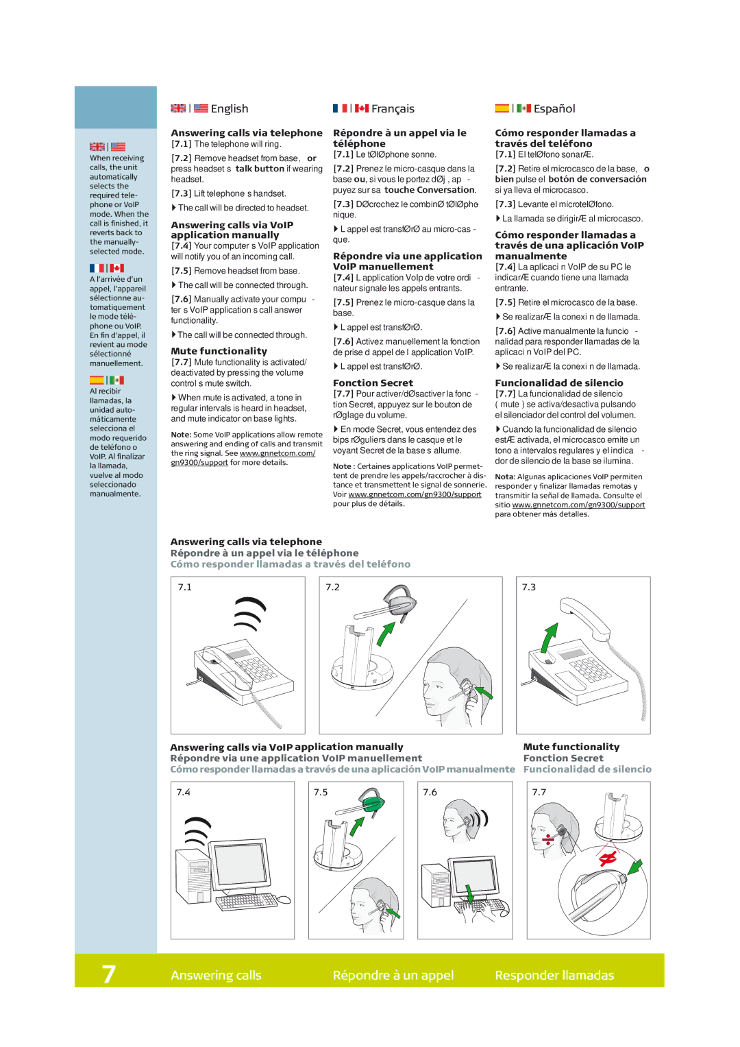 GN Netcom GN 9350 technical specifications Answering calls Répondre à un appel Responder llamadas, English Français 