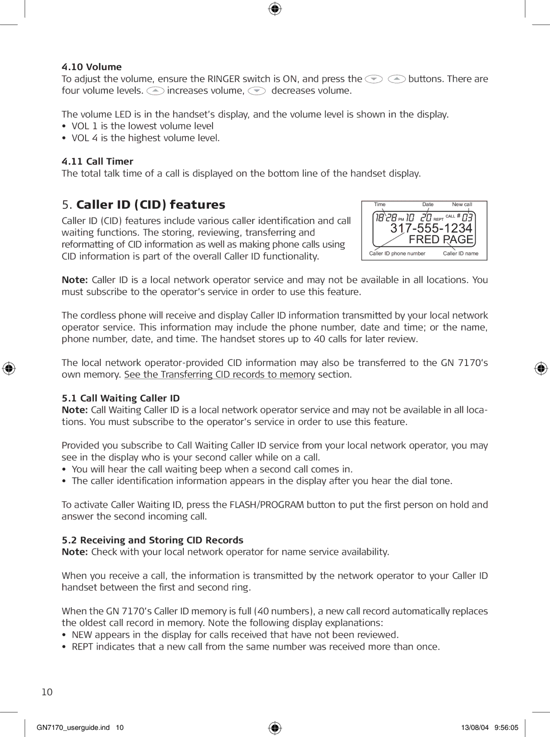 GN Netcom GN7170 Caller ID CID features, Volume, Call Timer, Call Waiting Caller ID, Receiving and Storing CID Records 