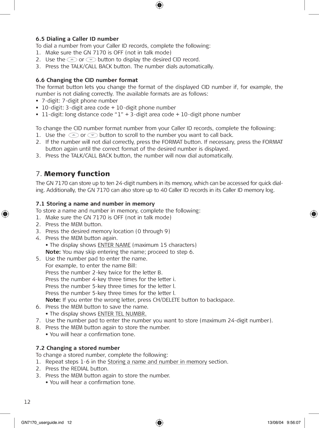 GN Netcom GN7170 Memory function, Dialing a Caller ID number, Changing the CID number format, Changing a stored number 