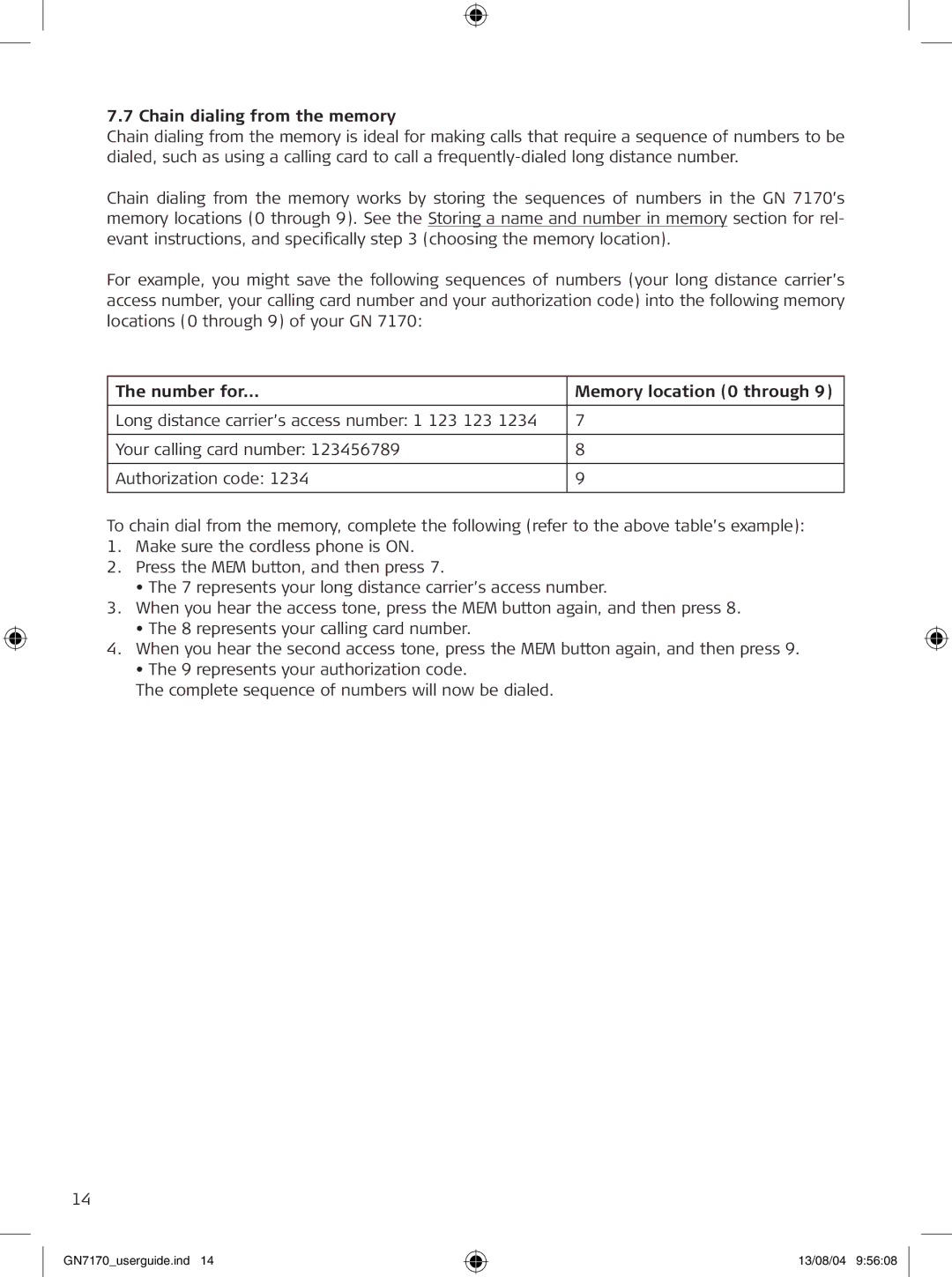 GN Netcom GN7170 manual Chain dialing from the memory, Number for Memory location 0 through 