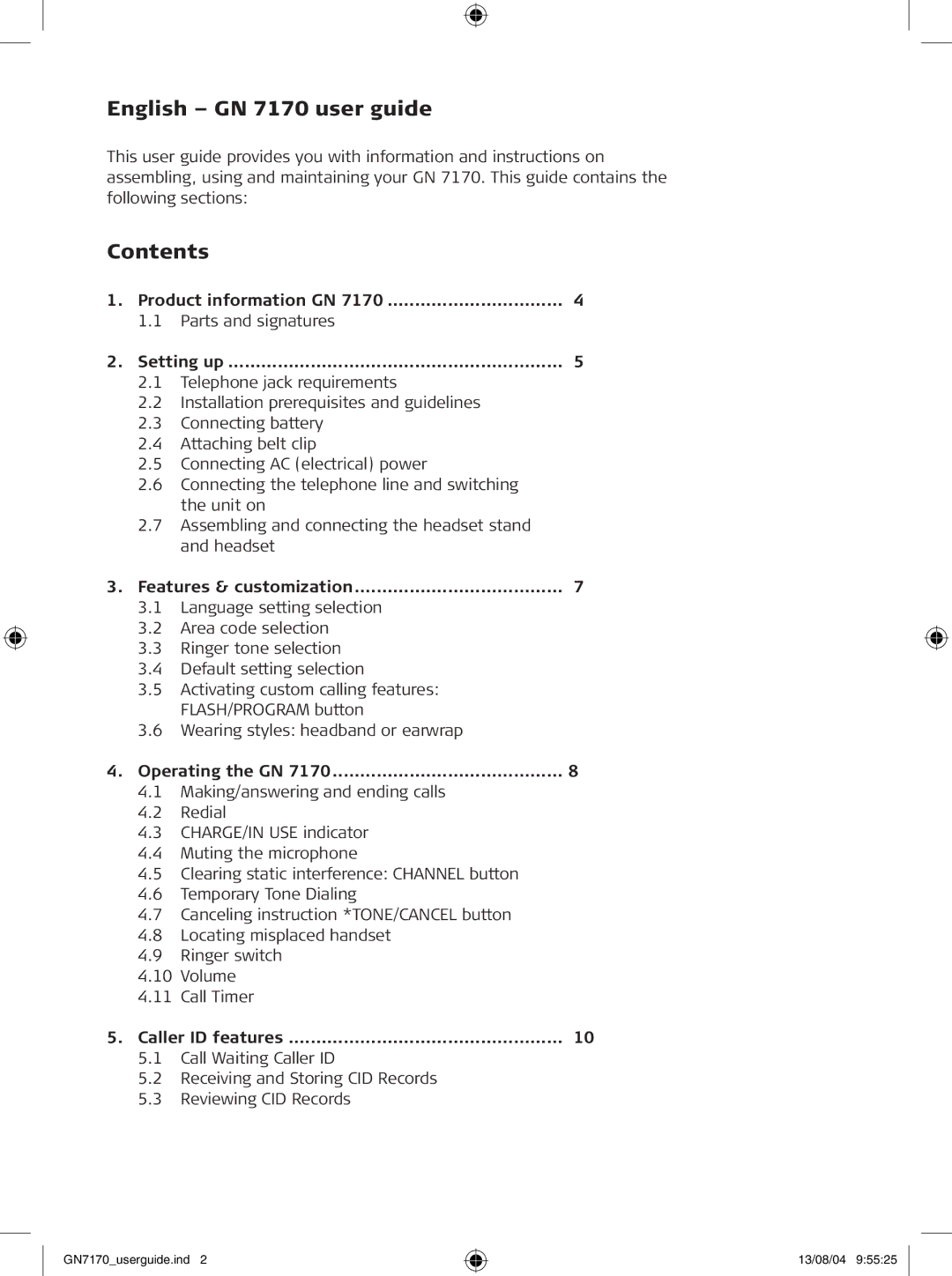 GN Netcom GN7170 manual English GN 7170 user guide, Contents 