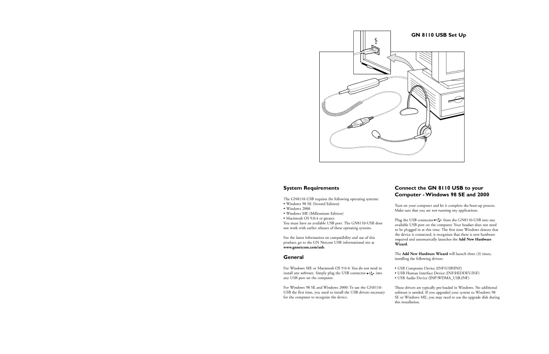 GN Netcom GN8110 manual Computer Windows 98 SE, General 