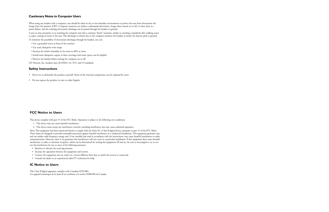 GN Netcom GN8110 manual Safety Instructions, FCC Notice to Users, IC Notice to Users 