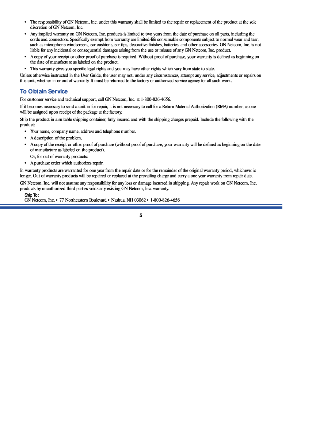 GN Netcom OG-II manual To Obtain Service 