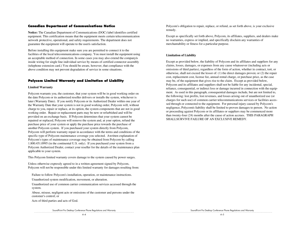 GN Netcom SE-220 Canadian Department of Communications Notice, Polycom Limited Warranty and Limitation of Liability 