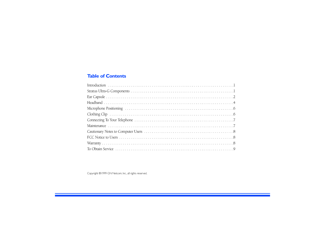 GN Netcom STRATUS ULTRA-G manual Table of Contents 