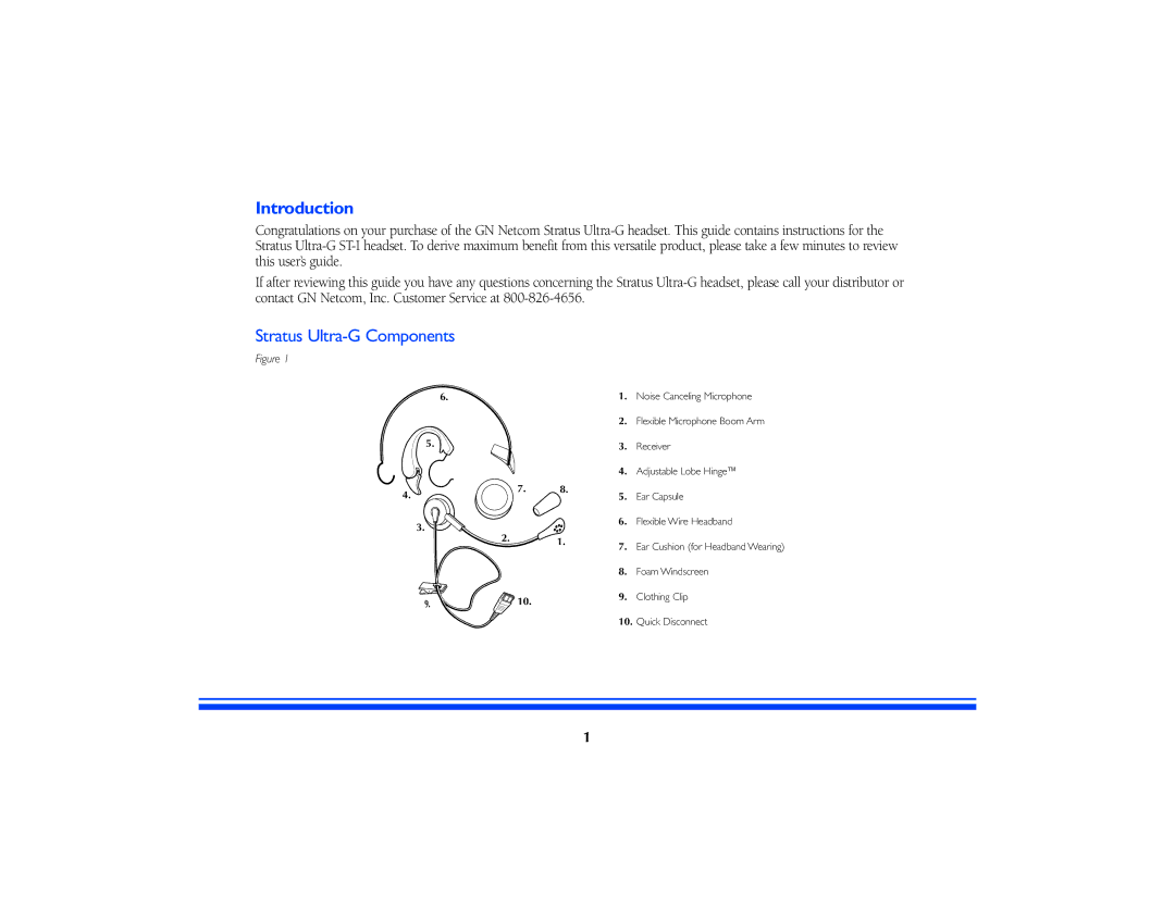 GN Netcom STRATUS ULTRA-G manual Introduction, Stratus Ultra-G Components 