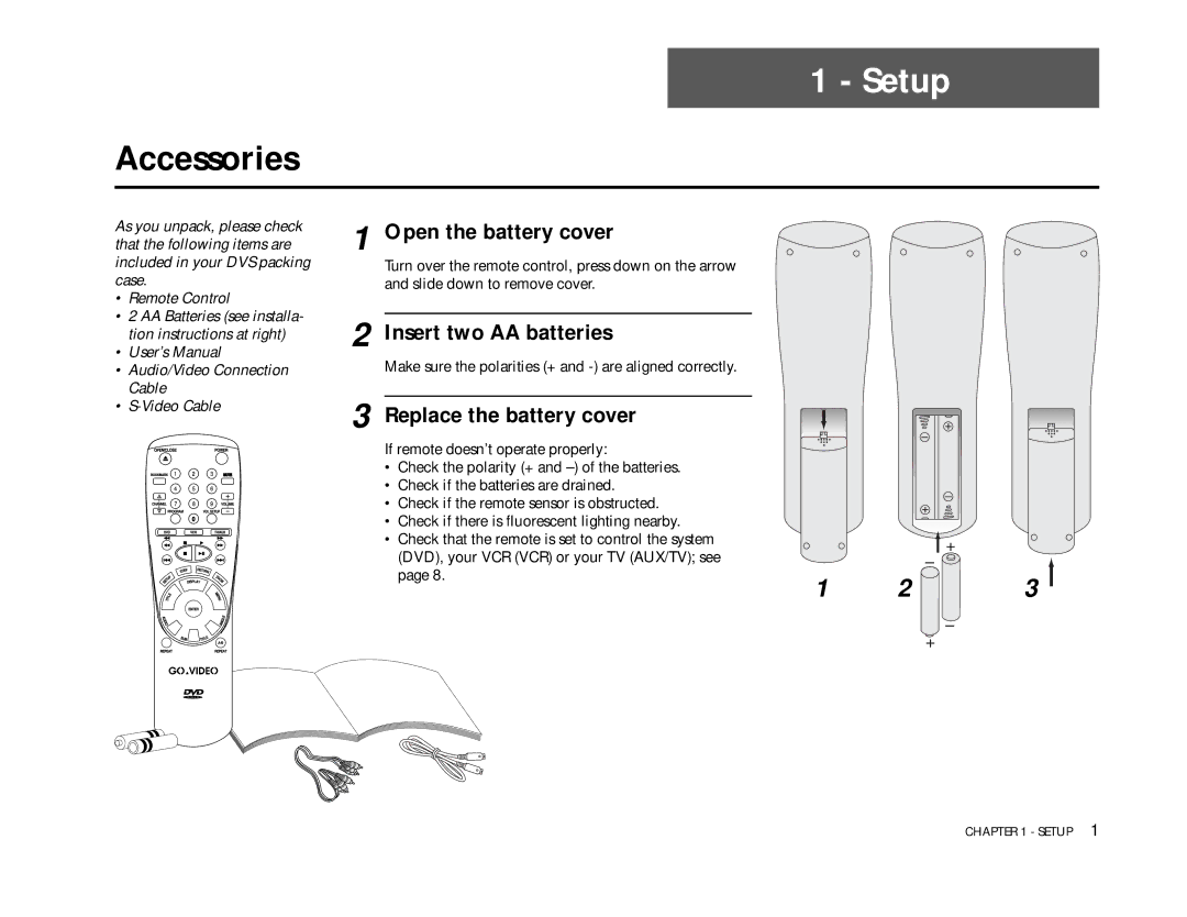 Go-Video DVS3100, 3000 manual Setup, Accessories, Open the battery cover, Insert two AA batteries, Replace the battery cover 