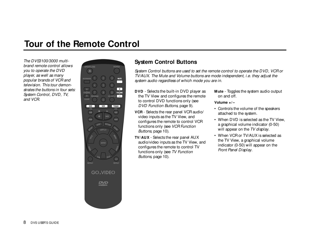 Go-Video 3000, DVS3100 manual Tour of the Remote Control, System Control Buttons, Volume + 