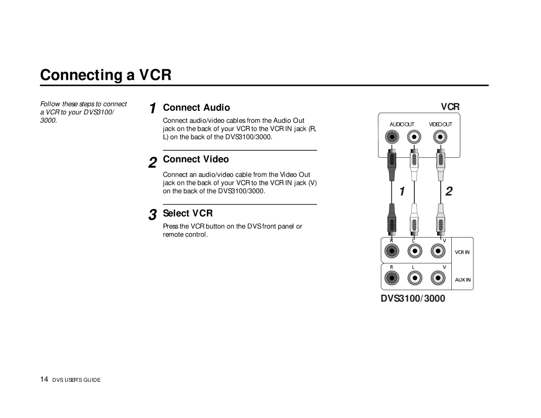 Go-Video 3000, DVS3100 manual Connecting a VCR, Connect Video, Select VCR 