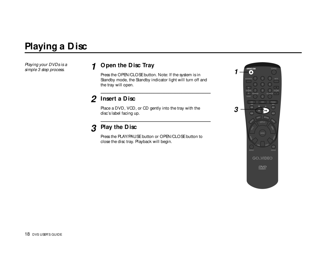 Go-Video 3000, DVS3100 manual Playing a Disc, Open the Disc Tray, Insert a Disc, Play the Disc 