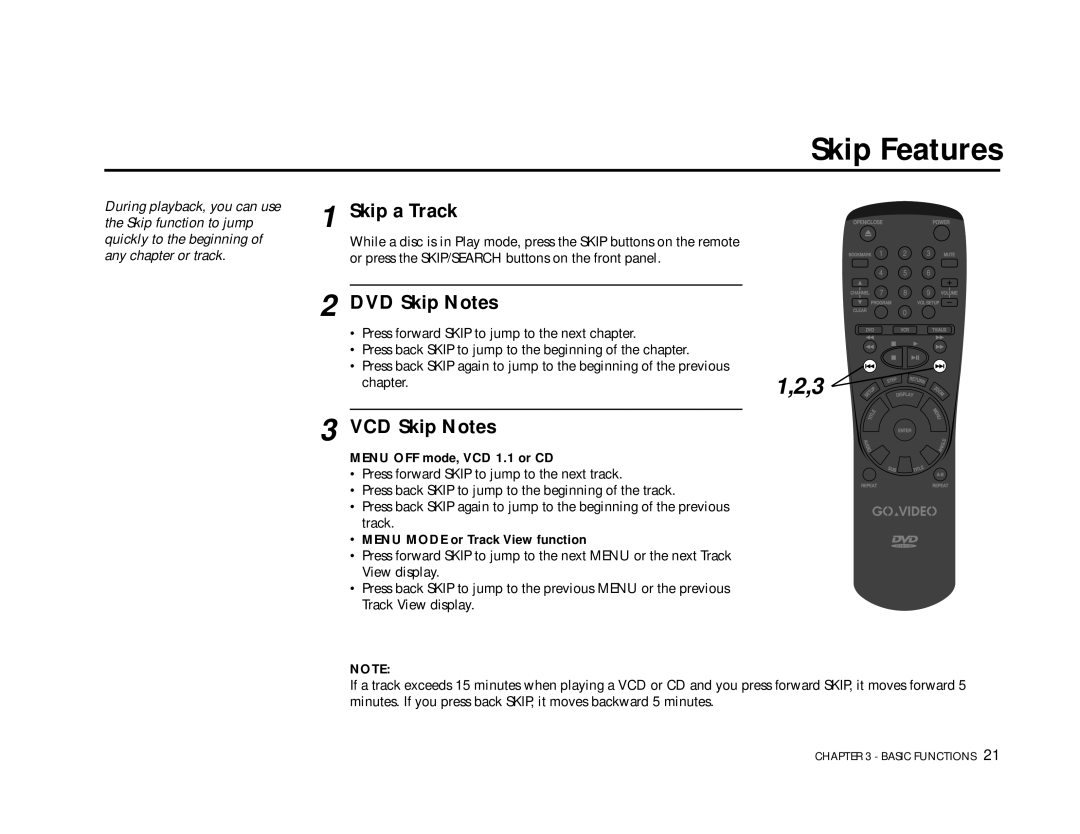 Go-Video DVS3100, 3000 manual Skip Features, Skip a Track, DVD Skip Notes, VCD Skip Notes 