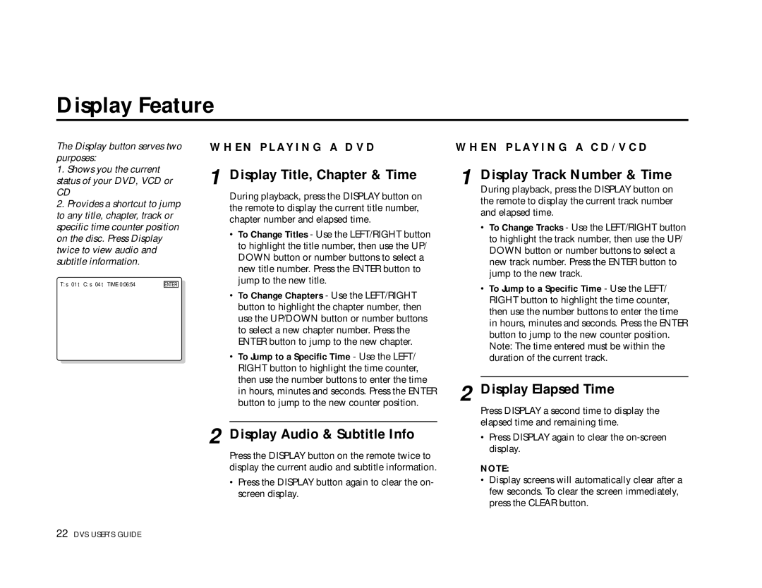 Go-Video 3000 Display Feature, Display Title, Chapter & Time, Display Audio & Subtitle Info, Display Track Number & Time 