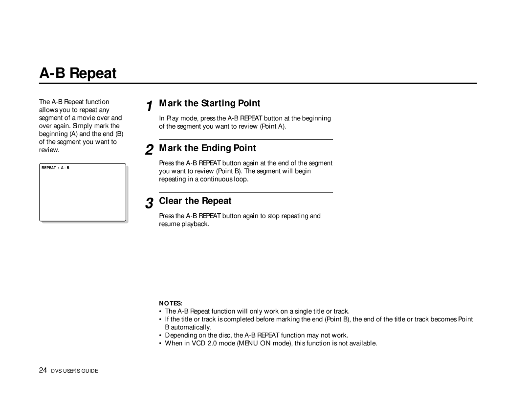 Go-Video 3000, DVS3100 manual Mark the Starting Point, Mark the Ending Point, Clear the Repeat 