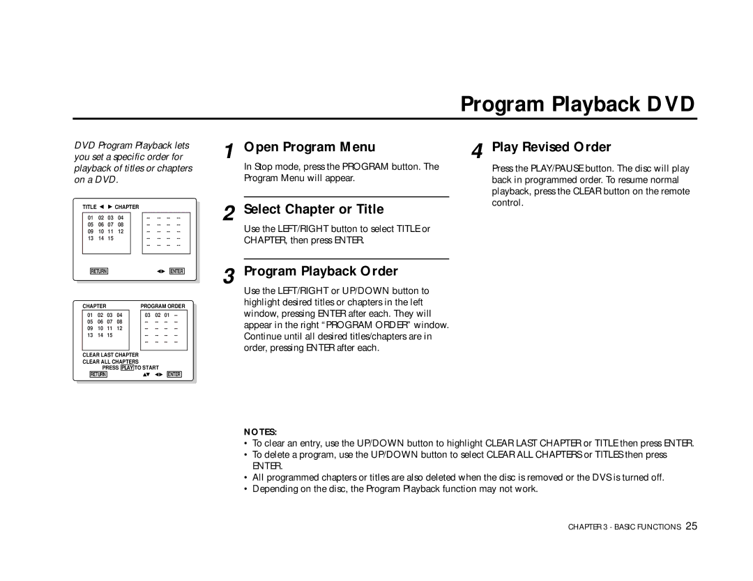 Go-Video DVS3100, 3000 manual Program Playback DVD, Open Program Menu, Select Chapter or Title, Program Playback Order 