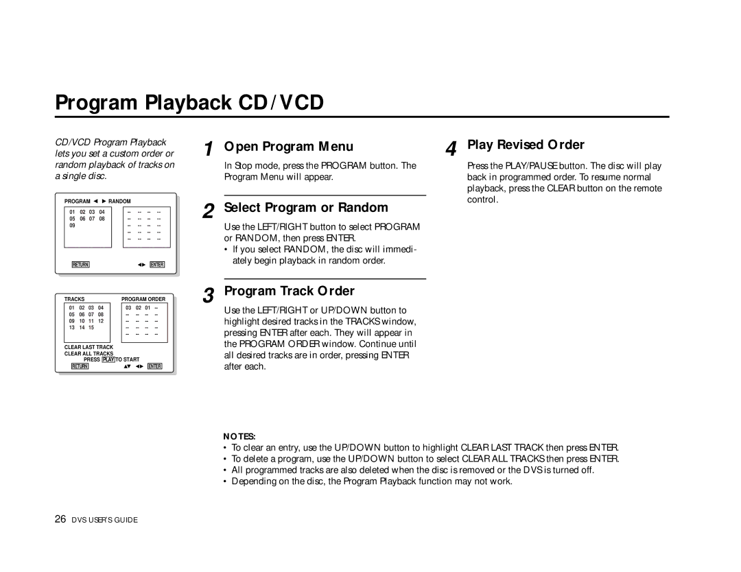 Go-Video 3000, DVS3100 manual Program Playback CD/VCD, Select Program or Random, Program Track Order 