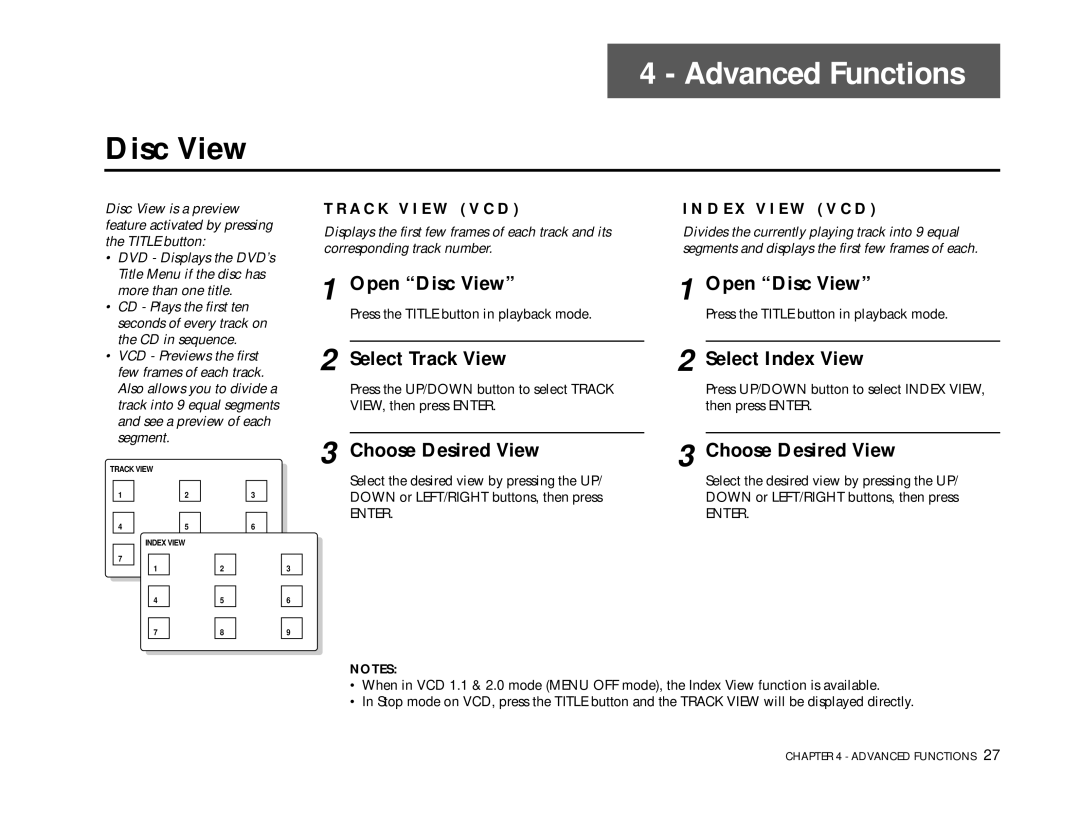 Go-Video DVS3100, 3000 manual Advanced Functions, Disc View 