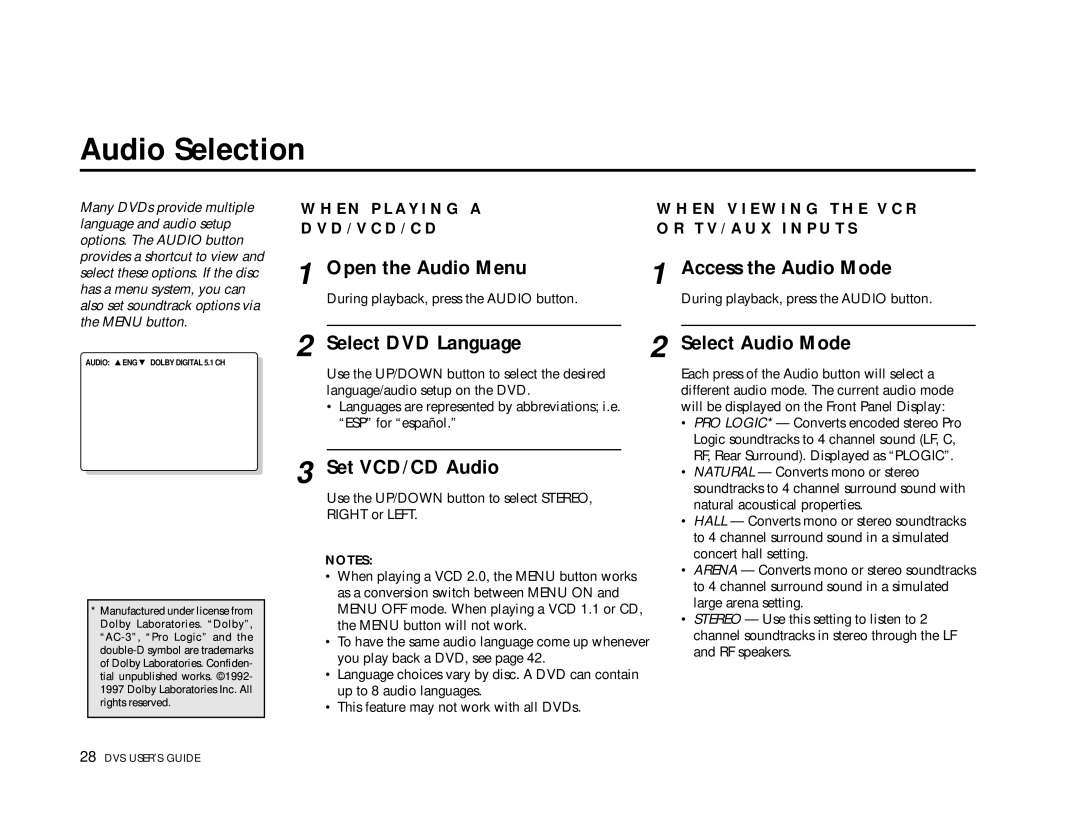 Go-Video 3000, DVS3100 Audio Selection, Open the Audio Menu Access the Audio Mode, Set VCD/CD Audio, Select Audio Mode 