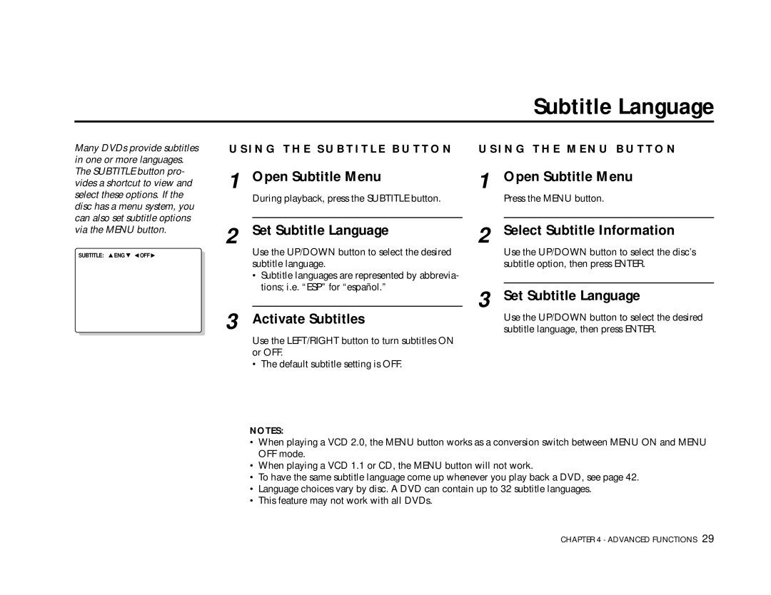 Go-Video DVS3100, 3000 manual Open Subtitle Menu, Set Subtitle Language, Activate Subtitles, Select Subtitle Information 