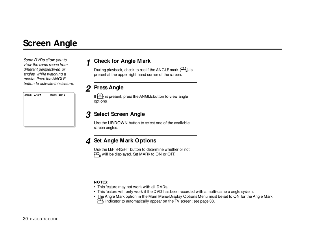 Go-Video 3000, DVS3100 manual Check for Angle Mark, Press Angle, Select Screen Angle, Set Angle Mark Options 