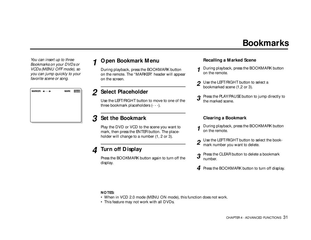 Go-Video DVS3100, 3000 manual Bookmarks, Open Bookmark Menu, Select Placeholder, Set the Bookmark, Turn off Display 