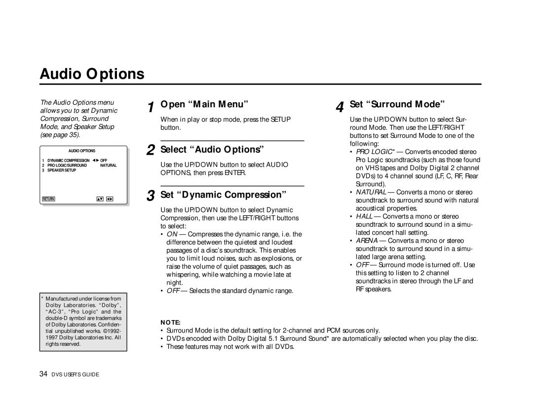 Go-Video 3000, DVS3100 manual Select Audio Options, Set Dynamic Compression 