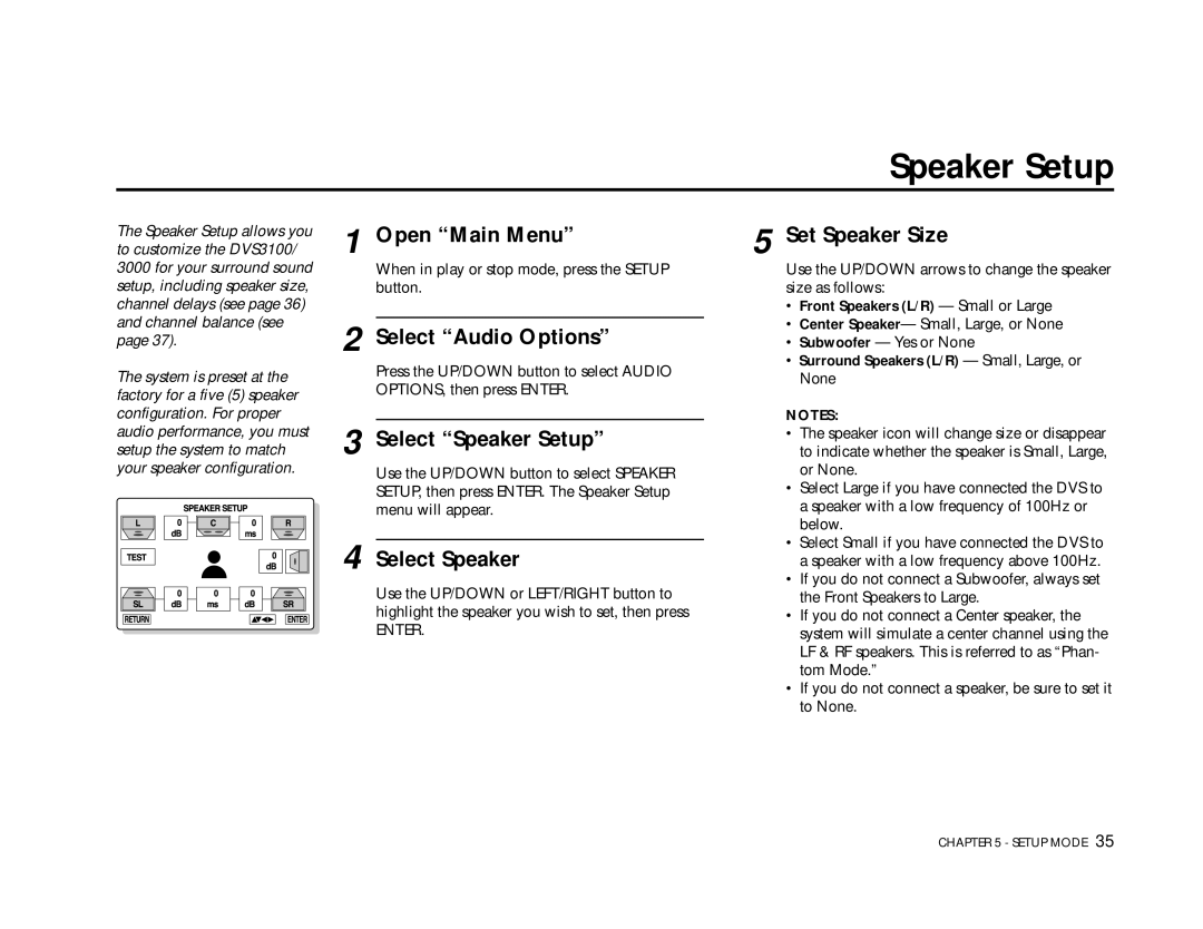 Go-Video DVS3100, 3000 manual Select Speaker Setup, Set Speaker Size 