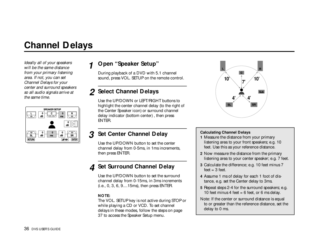 Go-Video 3000, DVS3100 Open Speaker Setup, Select Channel Delays, Set Center Channel Delay, Set Surround Channel Delay 