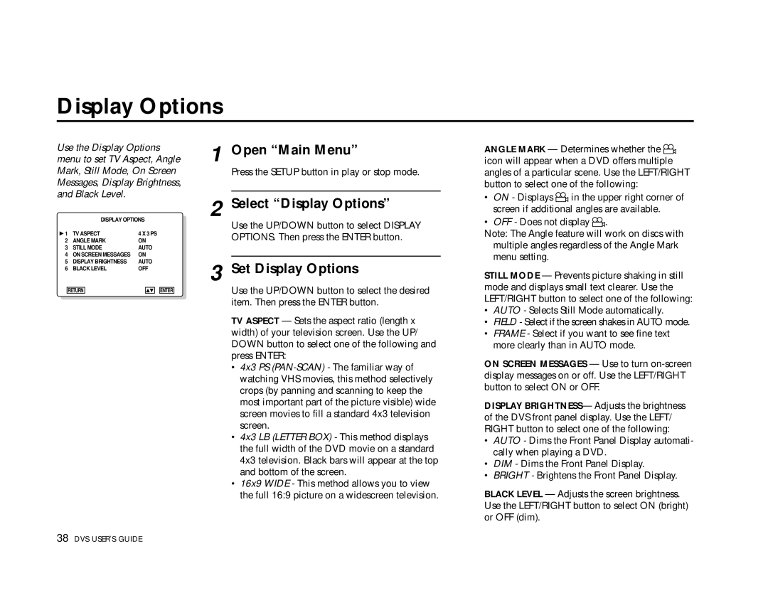 Go-Video 3000, DVS3100 manual Select Display Options, Set Display Options 